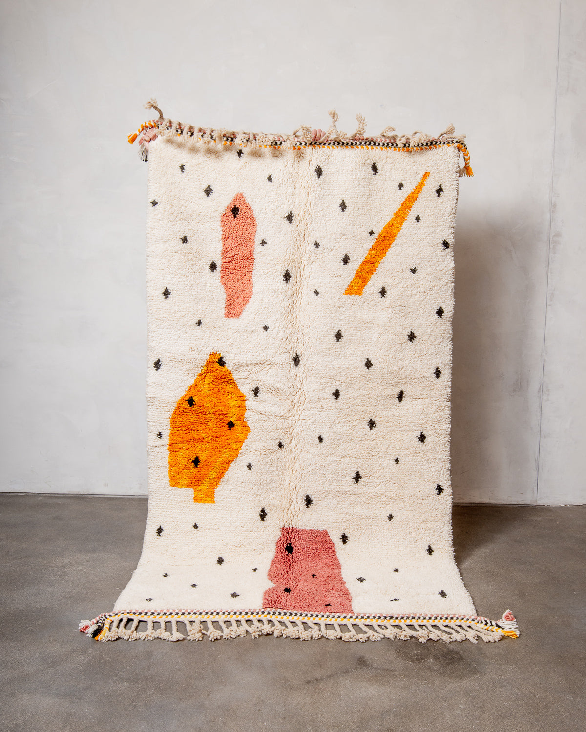 Modern, designer, handcrafted Berber rug from Morocco. Beniourain carpet with beautiful colours and patterns and fluffy wool texture.